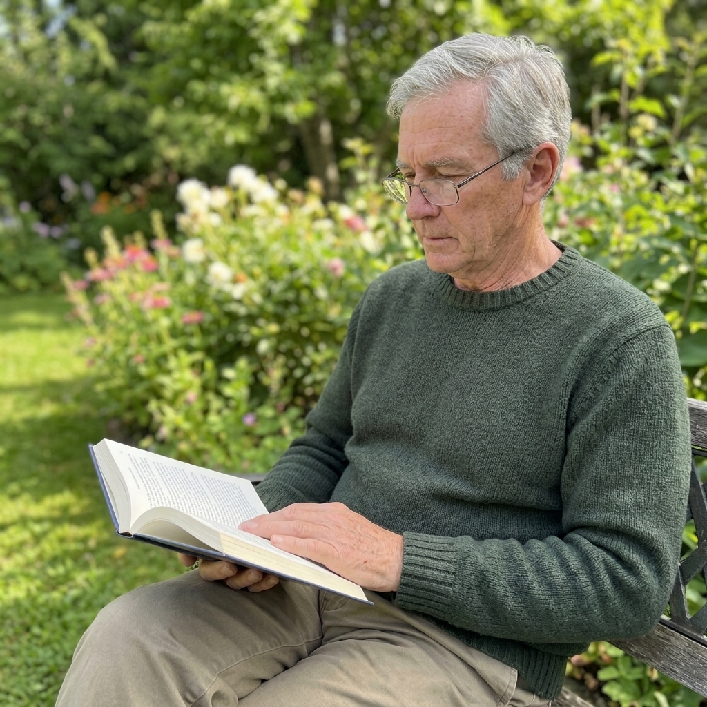 Nervelin reader George reading calmly in his garden